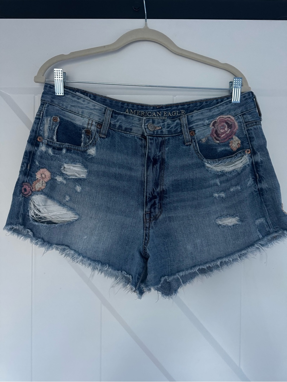 American Eagle Outfitters Distressed Blue Denim Shorts with Floral Embroidery